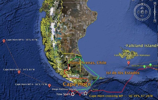 Red line shows first attempt to get round the Horn and the tow, green line shows the second, successful attempt to round the Horn - Saito-san will now sail south west in the Magellan Strait to start from the point where he left off © SW